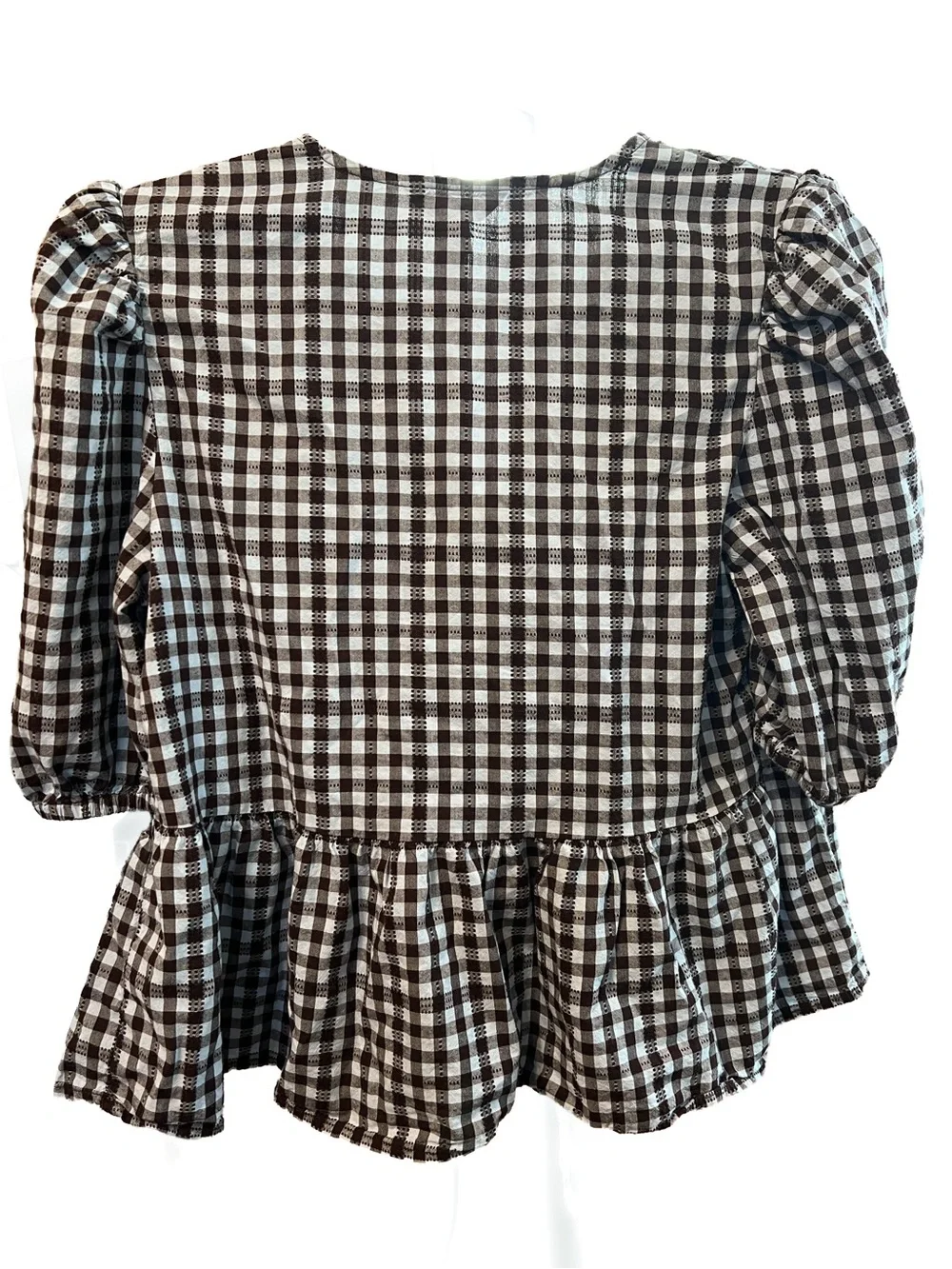 Time and Tru Gingham Peplum Tie Front Blouse Brown White Size S 4-6